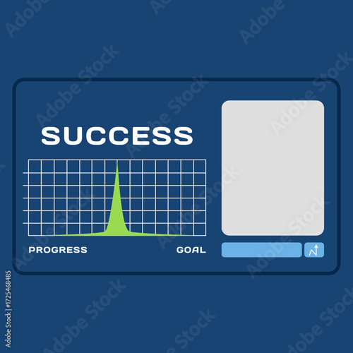Vector illustration of a business dashboard showing a success graph with a peak. Spectrometer screen. Concept for reaching goals and tracking progress. Includes a blank UI mockup area for custom data
