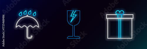 Set line Gift box, Umbrella and rain drops and Fragile broken glass symbol icon. Glowing neon. Vector