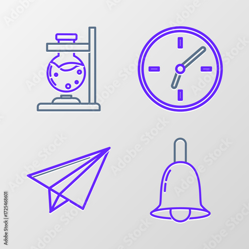 Set line Ringing bell, Paper airplane, Clock and Glass test tube flask on fire icon. Vector