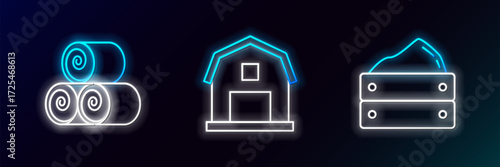 Set line Wooden box with harvest, Roll of hay and Farm House concept icon. Glowing neon. Vector