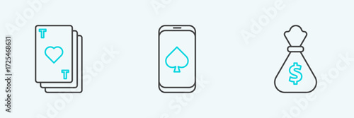 Set line Money bag, Playing card with heart and Online poker table game icon. Vector