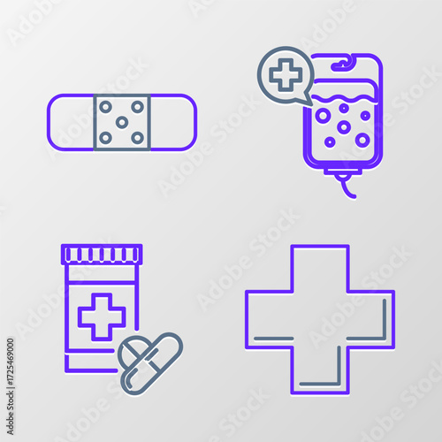 Set line Cross hospital medical, Medicine bottle and pills, IV bag and Bandage plaster icon. Vector