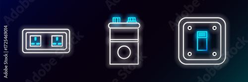 Set line Electric light switch, Electrical outlet and Car battery icon. Glowing neon. Vector