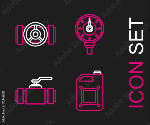Set line Canister for gasoline, Industry metallic pipes and valve, Motor gauge and icon. Vector
