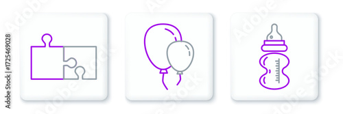 Set line Baby bottle, Piece of puzzle and Balloons with ribbon icon. Vector