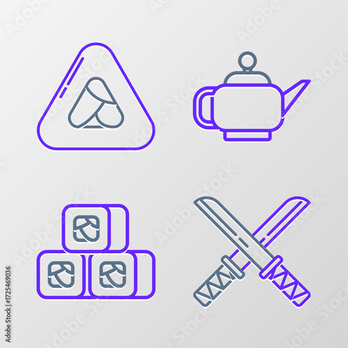Set line Traditional Japanese katana, Sushi, tea ceremony and icon. Vector