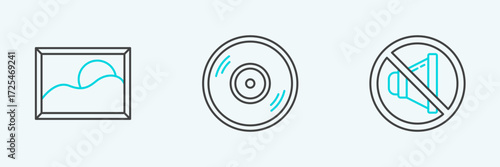 Set line Speaker mute, Picture landscape and Vinyl disk icon. Vector