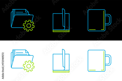Set line Coffee cup, Folder settings with gears and File document icon. Vector