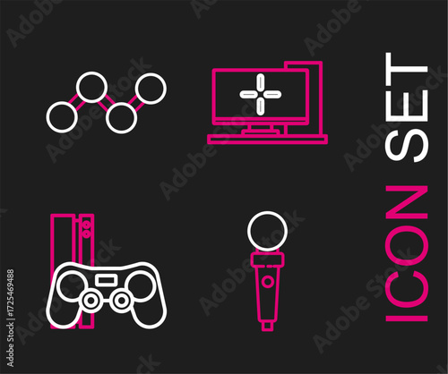 Set line Joystick for arcade machine, Game console with joystick, Computer monitor and Share icon. Vector