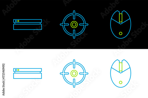 Set line Computer mouse gaming, Video game console and Target sport icon. Vector