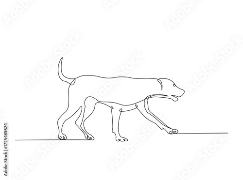 Pet dog in single outline illustration. Continuous line art drawing of cute dog. Editable stroke.