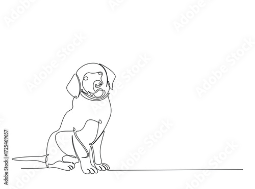 Pet dog in single outline illustration. Continuous line art drawing of cute dog. Editable stroke.