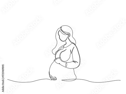 Pregnant woman in single outline illustration. Continuous line art drawing of pregnant woman holding her belly. Editable stroke.