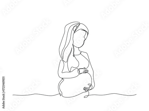 Pregnant woman in single outline illustration. Continuous line art drawing of pregnant woman holding her belly. Editable stroke.