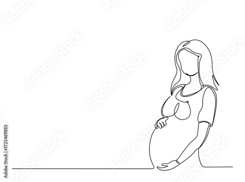 Pregnant woman in single outline illustration. Continuous line art drawing of pregnant woman holding her belly. Editable stroke.