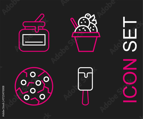 Set line Ice cream, Cookie or biscuit, in bowl and Jar of honey icon. Vector