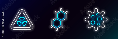 Set line Virus, Triangle with radiation and Chemical formula icon. Glowing neon. Vector