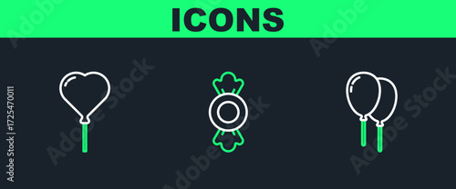 Set line Balloons with ribbon, in form of heart and Candy icon. Vector