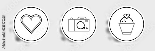 Set line Wedding cake with heart, Heart and Photo camera icon. Vector