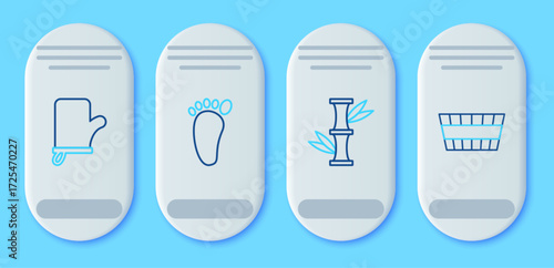 Set line Foot massage, Bamboo, Sauna mittens and bucket icon. Vector