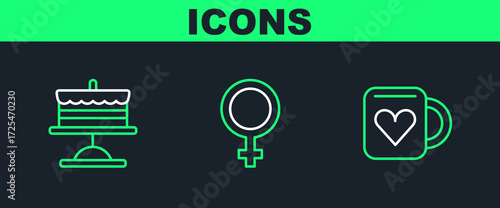 Set line Coffee cup and heart, Cake on plate and Female gender symbol icon. Vector