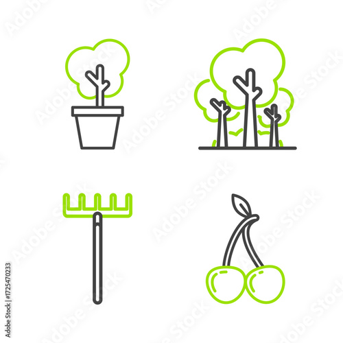 Set line Cherry, Garden rake, Trees and in pot icon. Vector