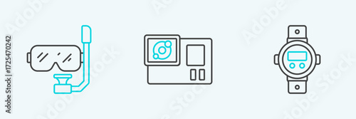 Set line Diving watch, mask and snorkel and Action camera icon. Vector