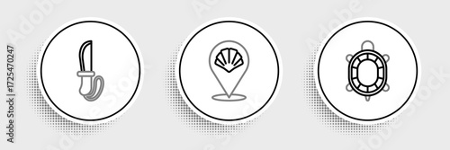Set line Turtle, Knife and Scallop sea shell icon. Vector