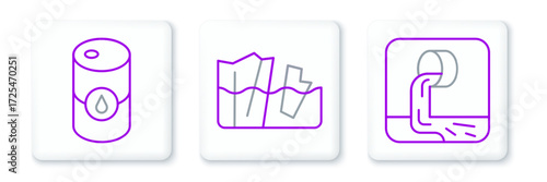 Set line Wastewater, Barrel oil and Glacier melting icon. Vector