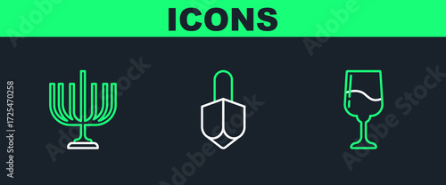 Set line Jewish goblet, Hanukkah menorah and dreidel icon. Vector