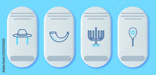 Set line Traditional ram horn, shofar, Hanukkah menorah, Orthodox jewish hat and Balloon with star david icon. Vector