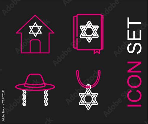 Set line Star of David necklace on chain, Orthodox jewish hat, Jewish torah book and synagogue icon. Vector