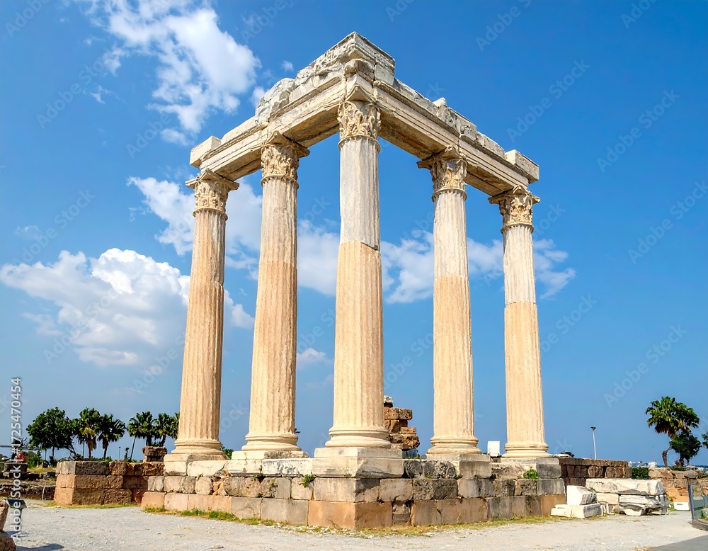Fototapeta premium Ancient stone temple ruins with four columns under a bright sky