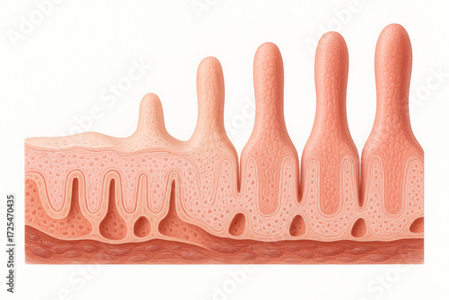 Anatomical illustration of skin layers and epidermal ridges showing papillary dermal projections