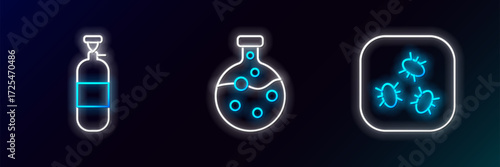 Set line Bacteria, Propane gas tank and Test tube and flask icon. Glowing neon. Vector