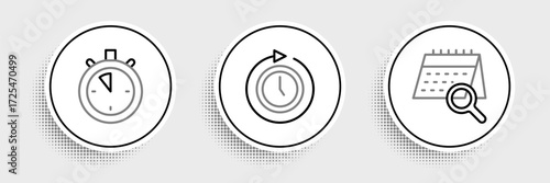 Set line Calendar search, Stopwatch and Clock with arrow icon. Vector