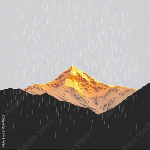 A cinematic depiction of Mount Everest during golden hour in spring, under rainy conditions, capturing unique natural textures and atmospheric mood.