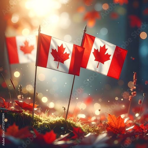Two Canadian flags in autumnal setting
