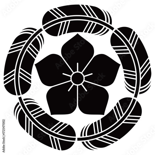 家紋です。五つ鷹の羽丸に桔梗といいます。