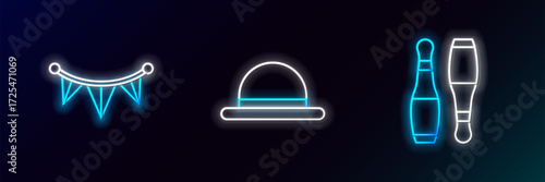 Set line Bowling pin, Carnival garland with flags and Clown hat icon. Glowing neon. Vector