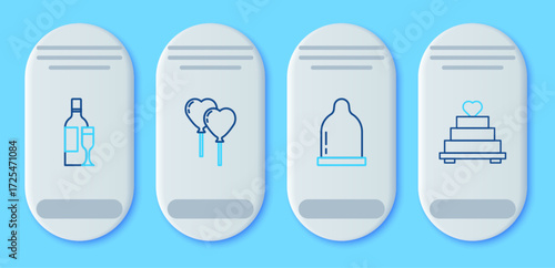 Set line Balloons in form of heart, Condom, Champagne bottle and Wedding cake with icon. Vector