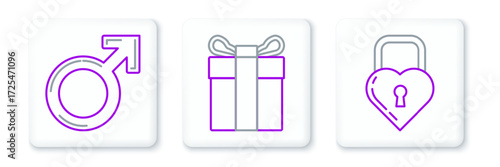 Set line Castle in the shape of a heart, Male gender symbol and Gift box icon. Vector