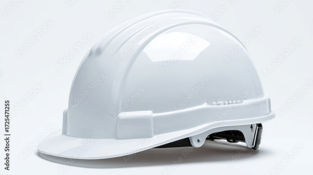 Fototapeta premium A white construction helmet is positioned on a smooth surface, reflecting light. This safety gear is essential for workers on construction sites, promoting safety