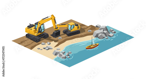 Isometric construction scene with excavators on coastal landscape
