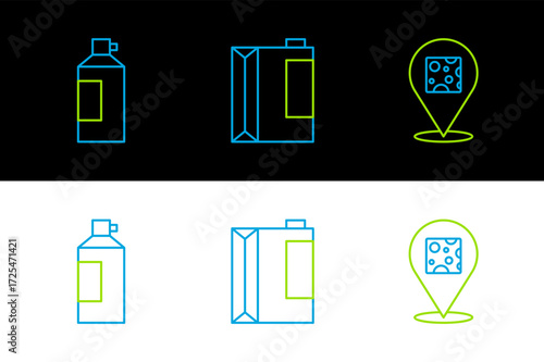 Set line Cheese, Whipped cream in bottle and Paper package for kefir icon. Vector