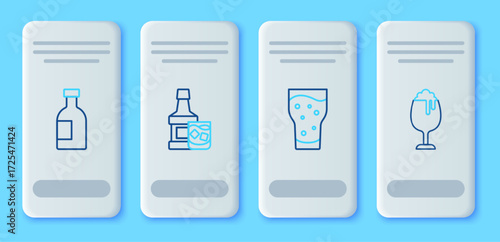 Set line Whiskey bottle and glass, Glass of beer, vodka and icon. Vector