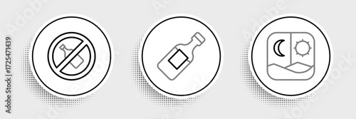 Set line Ramadan fasting, No alcohol and Bottle of water icon. Vector