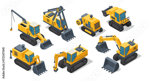 Isometric construction vehicles collection: bulldozer, excavator, crane for industrial projects