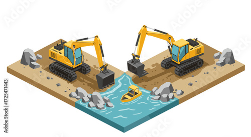 Construction site with excavators by a river in isometric design