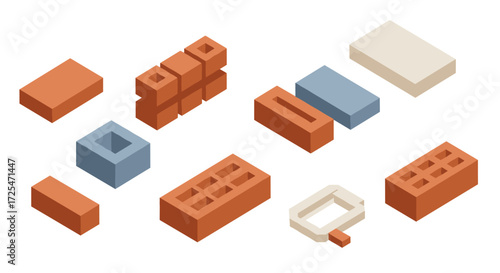 Isometric building bricks collection in various colors and shapes